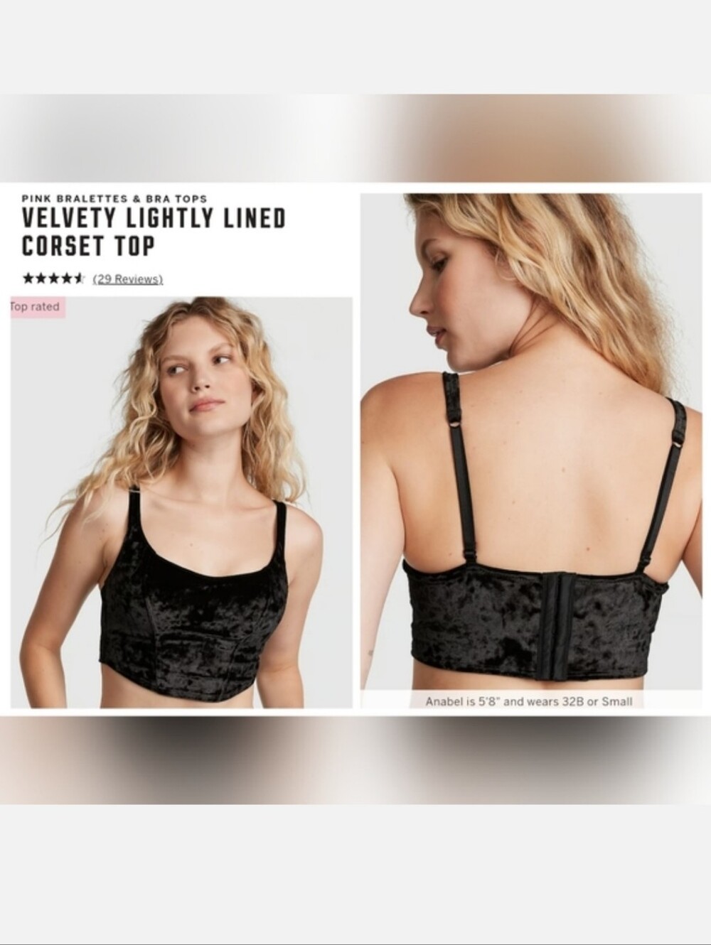 Victoria's secret pink velvet lightly-lined  corset bra top BLACK LARGE